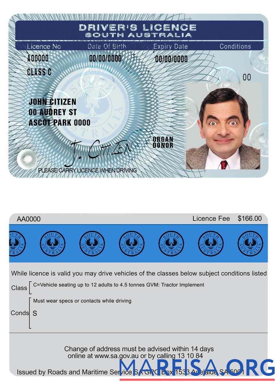 Realistic South Australia driving license example